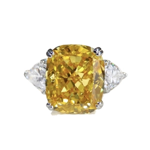 Luxury S925 sterling silver ring with cushion-cut yellow diamond and pear-cut side stones