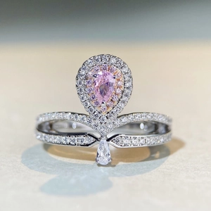 Bague couronne élégante en argent 925 avec zircon rose taille poire et pavé de diamants