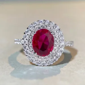 Bague Double Halo en Argent Sterling S925 Pierre Ovale Rouge Bleue pour Femmes Bijoux de Luxe Sertis de Strass Bague Élégante