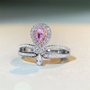 Bague couronne luxe en argent S925 avec pierre rose poire et double halo brillant