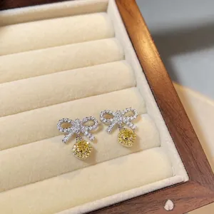 925 Sterling Silver Bow Stud Earrings For Women Fresh Sweet Cushion Cut Rhinestone Inlaid Fashion Jewelry Ear Accessories