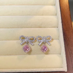 925 Sterling Silver Bowknot Stud Earrings Pink Yellow Rhinestone Elegant Sweet Fashion Jewelry Gift For Women Dating Party