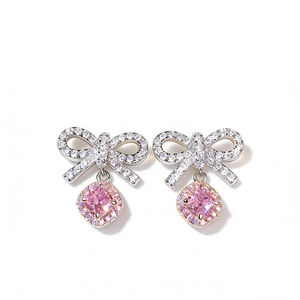 925 silver bow stud earrings with sparkling pink gemstone pendants in high-gloss finish
