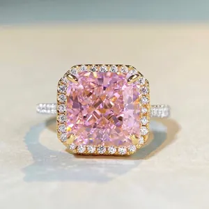 Luxury S925 Sterling Silver Pink Radiant Cut Zirconia Halo Ring For Women Fashion Full Rhinestone Engagement Ring Jewelry