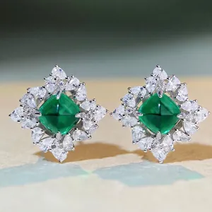 Orecchini a Bottone in Smeraldo Artificiale con Strass Perno in Argento Sterling 925 Quadrati Vintage Donna Gioielli