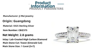 Detail showing 1ct emerald-cut moissanite specifications and S925 silver ring properties