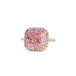 S925 sterling silver ring with halo cushion-cut pink gemstone and pave setting