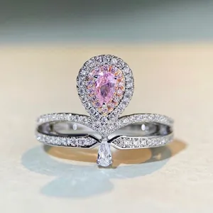 Bague Couronne en Argent Sterling 925 Goutte d'eau Strass Rose Jaune Incrusté Bijoux de Mode Accessoires pour Femmes