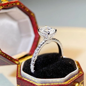 1ct Emerald Cut Moissanite Ring in S925 Silver with Pave Setting and Red Jewelry Box