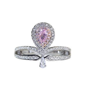 Bague couronne en argent sterling S925 avec pierre rose poire et zircons brillants