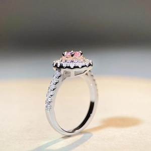 S925 sterling silver pink diamond ring with sparkling double halo of white zircon stones