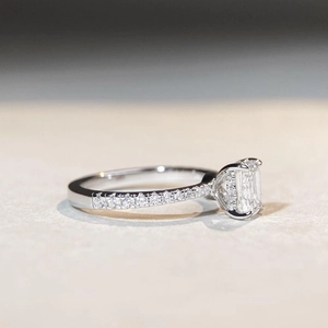 Classic emerald cut moissanite ring in S925 silver with elegant side pave diamond accents