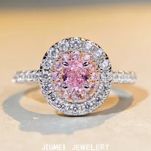 Elegant 925 Sterling Silver Double Halo Ring For Women Luxurious Pink Yellow Rhinestone Oval Geometric Inlaid Fashion Jewelry Party Gift