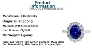 Detail view of 3ct oval blue sapphire ring in S925 silver with high carbon diamond setting