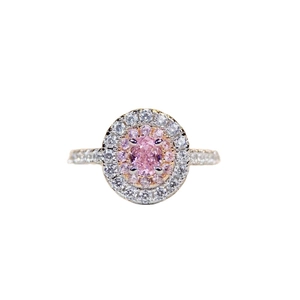 S925 sterling silver ring with oval pink diamond and double halo of pavé zircon stones