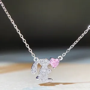 S925 Sterlingsilber Hase Halskette Für Damen Süßes Rosa Herz Zirkonia Anhänger Einfache Schlüsselbeinkette Modeschmuck Geschenk