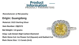 Vue détaillée du diamant jaune 1.5ct taille Radiant sur bague en argent S925