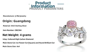 Detailed view of 4x4mm pink radiant cut carbon diamond ring on 925 silver leaf band