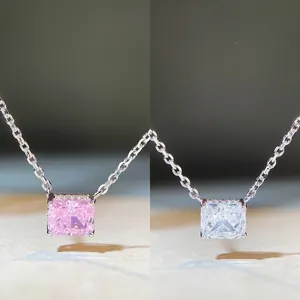 Collier Pendentif en Argent Sterling 925 Taille Radiant Strass Élégante Chaîne de Clavicule Géométrique Incrustée Carrée Bijoux Femme