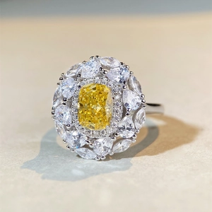 S925 sterling silver ring with radiant cut yellow diamond and halo clusters