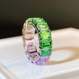 Rainbow eternity ring with emerald cut multicolored zircons on silver band