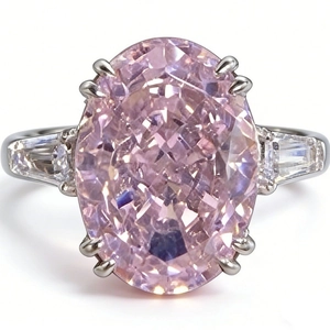 Lujoso anillo de plata 925 con piedra rosa ovalada grande y diamantes laterales trapecio