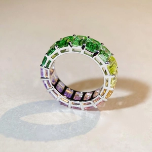 S925 sterling silver rainbow eternity ring with emerald-cut zirconia stones