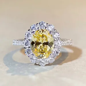 Luxury 925 Sterling Silver Oval Yellow Blue Gemstone Ring For Women Halo Setting Rhinestone Finger Ring Wedding Party Jewelry