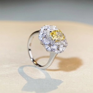 Elegant S925 sterling silver flower ring with radiant yellow stone and zircon halo