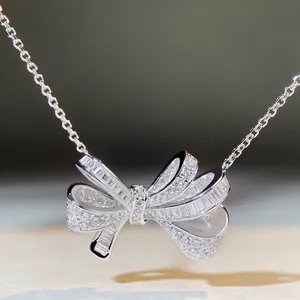 Collier Pendentif Nœud en Argent Sterling 925 de Luxe Chaîne de Clavicule en Ruban de Strass Bijoux Élégants pour Femmes