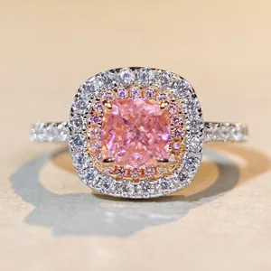 Bague de Luxe en Argent Sterling S925 Taille Coussin Rose Jaune Strass Double Halo pour Femme Mariage Bijoux Élégants