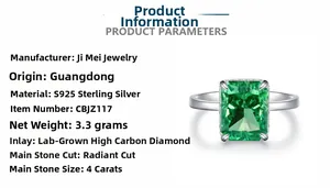 Detail view of 4ct radiant cut green gemstone ring in S925 sterling silver setting