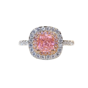 Bague luxueuse en argent S925 avec pierre rose taille coussin et double halo brillant