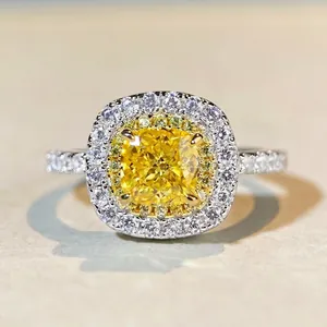 Luxueuse Bague Halo en Argent Sterling 925 Taille Coussin pour Femme Zirconia Étincelant Jaune Rose Anniversaire Bijoux