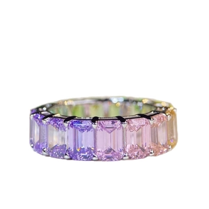 Elegant S925 silver eternity ring with emerald-cut gradient rainbow zircon stones