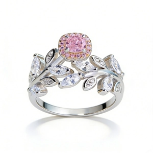 925 silver adjustable ring featuring a pink gemstone center with sparkling leaf accents