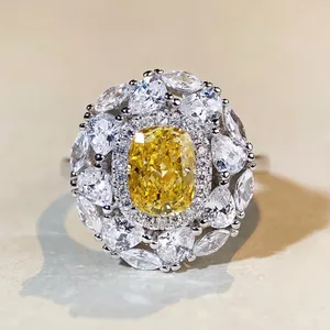 Luxury 925 Sterling Silver Radiant Cut Rhinestone Ring For Women Pave Flower Cluster Engagement Wedding Jewelry Finger Ring