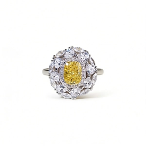 Radiant yellow diamond cut ring with S925 silver halo and pear-shaped accents