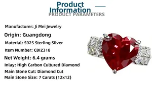 Close-up of heart-shaped 7ct red sapphire ring with S925 sterling silver band