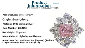 Detail specifications of S925 silver ring featuring 3ct pink radiant cut center stone