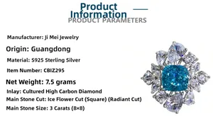 Detail view of S925 silver ring featuring 3ct blue ice-cut carbon diamond and dimensions