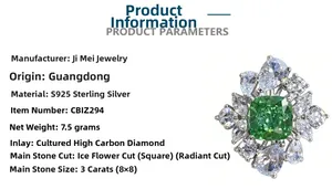 Detailed view of S925 silver ring featuring 3ct green ice-cut radiant carbon diamond