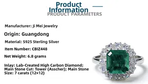Close-up of S925 sterling silver ring with 7ct emerald-cut green gemstone and halo diamonds