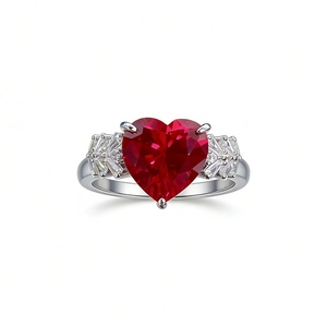 S925 sterling silver ring with large heart-shaped red corundum stone and side crystals