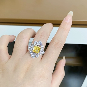Dettaglio anello cocktail in argento s925 con pietra gialla taglio radiant sulla mano