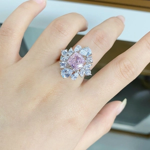 Luxurious S925 silver ring featuring a pink cushion-cut center stone in floral design