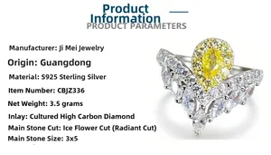Macro view of S925 sterling silver V-shape ring featuring a pear-cut yellow carbon diamond
