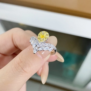 S925 sterling silver ring featuring a pear-cut yellow stone in a marquise V-shape setting
