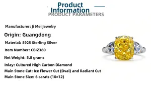 Macro detail of S925 sterling silver ring with 6ct yellow radiant cut high carbon diamond