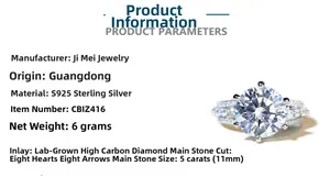 Detailed specs of S925 silver ring featuring 5ct round cut moissanite and 6-prong setting
